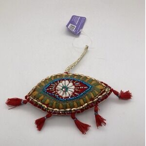 World Market Red Wool Evil Eye Beaded Tassel Ornament 2025 Gold Beading Boho